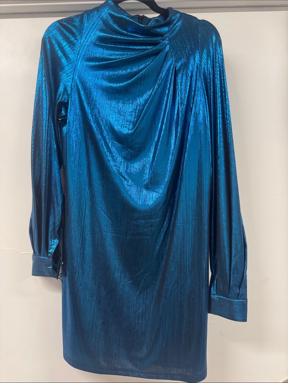 Shimmery Teal Blue Draped Long-Sleeve Dress